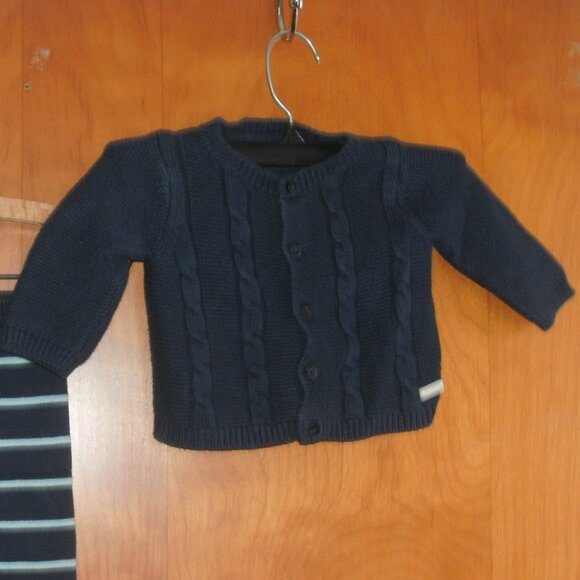 Janie & Jack Cable Knit Cardigan Sweater & Stripe Knit Pants Navy Blue 3-6 month - Picture 2 of 3